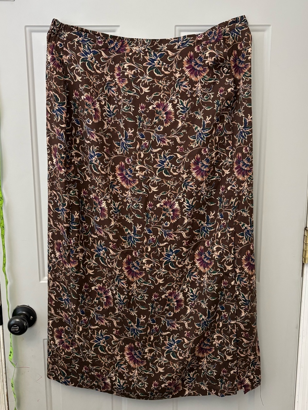 Vintage 100% Silk Valerie Stevens Brown Floral Midi Skirt with Purple Flowers
